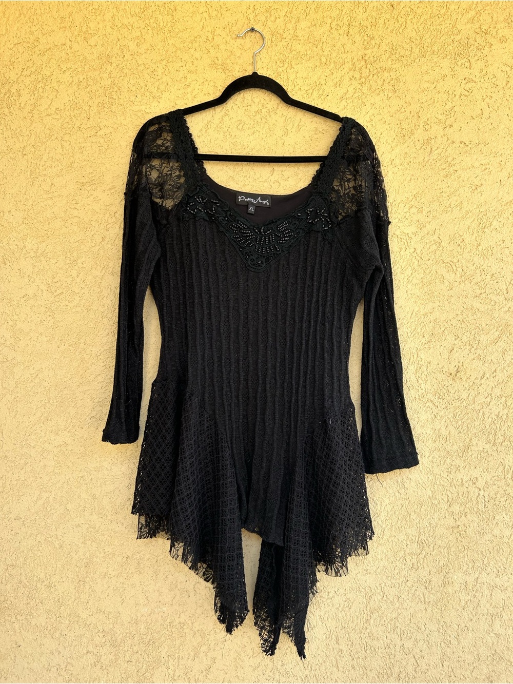 Pretty Angel Black Lace Knit Tunic with Beaded Neckline Size XL